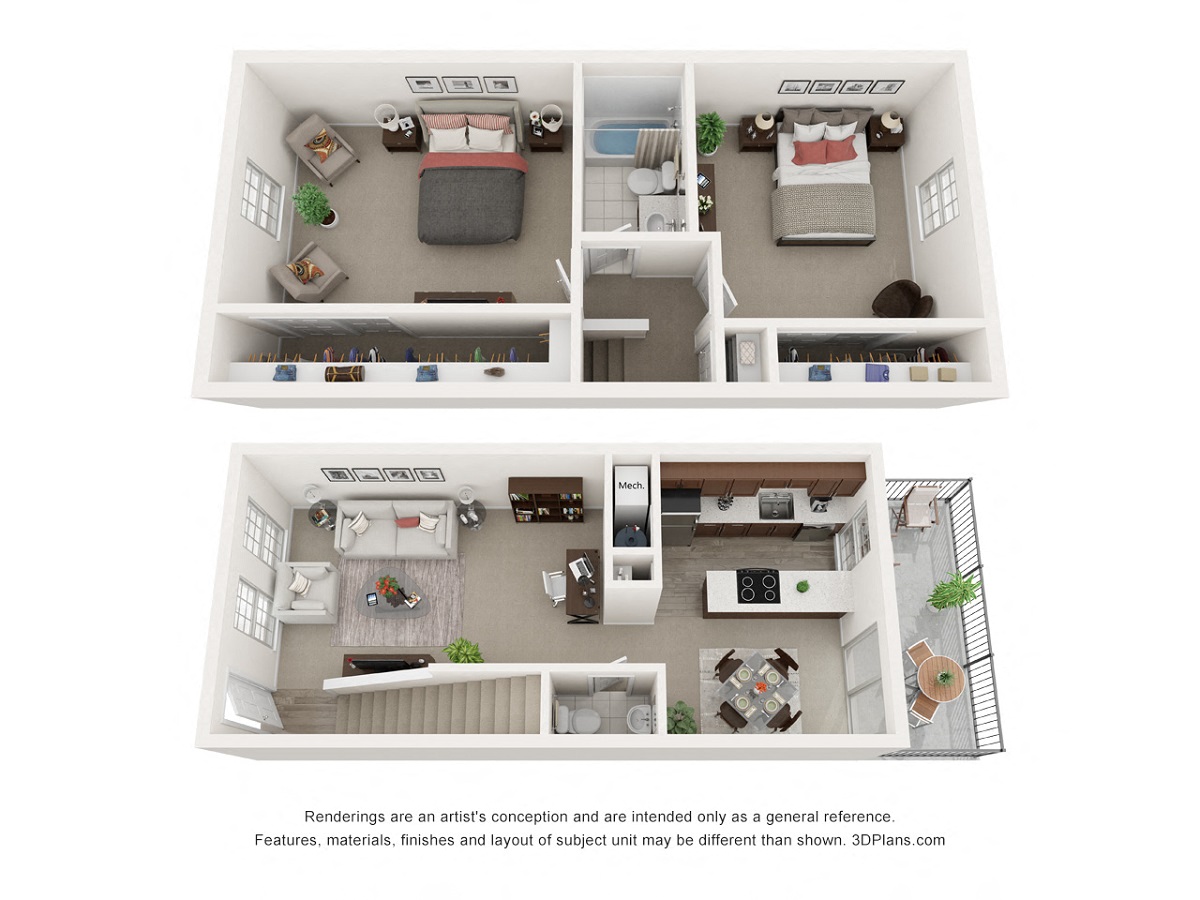 Floor plan for 2 beds, 1.5 baths, 967 sqft